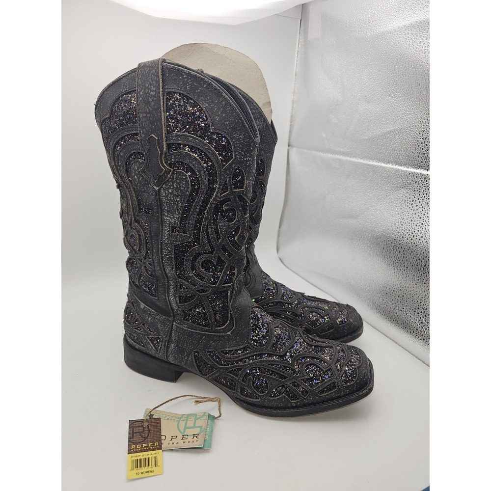 Roper Women's Black Glitter Western Cowboy Boots Size 10 New With Tags